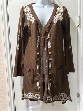 Johnny Was Brown Long Embroidered Cardigan with Cream Floral Accents